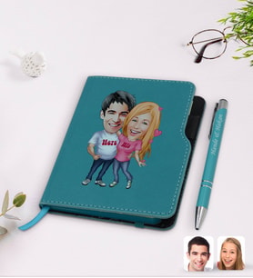 BK Gift Kişiye Özel Sevgililer Karikatürlü Turkuaz Termo Deri Defter Kalem Seti-5