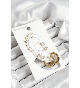 316L Çelik Halka Figürlü Ve Zirkon Taşlı Gold Renk 7'li Çift Kadın Küpe Set (Altın)
