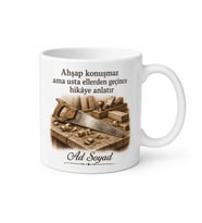 Ahşap Oyan Ustalara Marangoz Tezgahı ve Testere Emek Kupası Hediye Bardak
