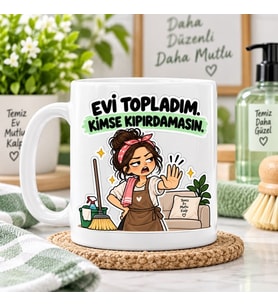 Evi Topladım Kimse Kıpırdamasın Esprili Ev Temalı Baskılı Kupa – Anneye Hediye