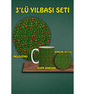 Yılbaşı Temalı 3'lü Bilek Destekli Mousepad Kupa ve Bardak Altlığı Seti