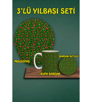 Yılbaşı Temalı 3'lü Bilek Destekli Mousepad Kupa ve Bardak Altlığı Seti