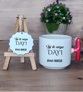 İyi Ki Varsın Dayı Hediye Seti Kupa Bardak T Kulplu ve Anahtarlık Dayıya Doğum Günü Hediyesi (Model 1)
