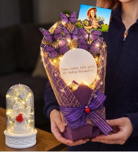 Size Özel Fotoğraflı Led Işıklı Aynalı Kelebek Buketi & Led Işıklı Fanuslu (Model 1)