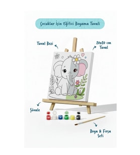 Sevimli Fil Temalı Çocuk Boyama Tuvali – Şövaleli Eğitici Boyama Seti 20x20 cm