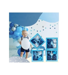 4 Kutu Baby Yazılı Şeffaf Kutu Harf Mavi 25 Cm Balon Hediyeli