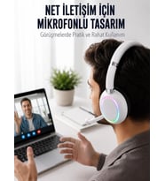 Bluetooth 5.0 Beyaz Kulak Üstü Kablosuz Kulaklık Mikrofonlu Rgb Aydınlatmalı