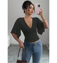 Kadın Kruvaze Yaka Yarasa Kol Likralı Şık T-Shirt