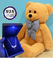 Premium Hediye Seti Büyük Boy Kahve Peluş Ayıcık ve Gerçek 925 Ayar Gümüş Kolye (Model 6)