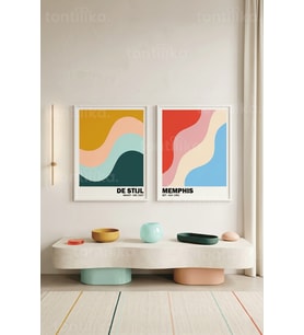 Minimalist Geometrik Desenler 2'li Ahşap Çerçeveli Tablo Seti