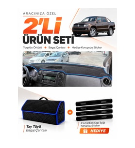 VOLKSWAGEN AMAROK (2009-2016) Uyumlu Torpido Örtüsü + Tay Tüyü Bagaj Çantası + Sticker Seti - Siyah Mavi