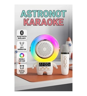 Renkli Işıklı Astronot Bluetooth Hoparlör ve Kablosuz Karaoke Mikrofon Seti