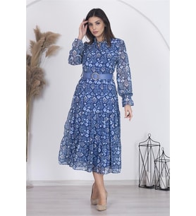 Neşeli butik kadın astarlı etnik desenli şifon elbise RSNB002 - Mavi