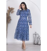 Neşeli butik kadın astarlı etnik desenli şifon elbise RSNB002 - Mavi