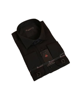 Siyah Düz Damatlık Ata Yaka Kol Düğmeli Slim Fit Smokin Gömlek - 010