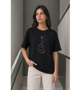 Minimal Gitar Baskılı Tişört T-Shirt Yazlık Kısa Kol Bisiklet Yaka T-Shirt - Siyah