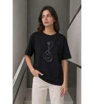 Minimal Gitar Baskılı Tişört T-Shirt Yazlık Kısa Kol Bisiklet Yaka T-Shirt - Siyah