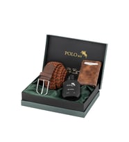 Polo Air Mıknatıslı Otomatik Mekanizmalı Cüzdan Örgü Esnek Kemer Parfüm Erkek Kombin Taba Renk PM-07-T (Taba - Kahverengi)