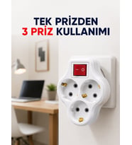 Tek Prizi 3’lü Yapan Anahtarlı Priz Adaptörü Topraklı Priz Çoğaltıcı