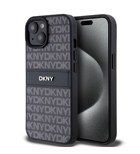 Apple iPhone 15 Uyumlu Kılıf DKNY Orjinal Lisanslı 3D Yazılı Repeat Texture Pattern Kapak (Siyah)