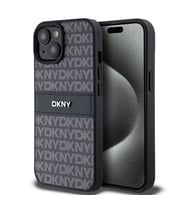Apple iPhone 15 Uyumlu Kılıf DKNY Orjinal Lisanslı 3D Yazılı Repeat Texture Pattern Kapak (Siyah)