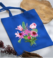 BK Gift Çiçek Tasarımlı Mavi Kumaş Bez Çanta, Baskılı Omuz Çantası, Alışveriş Çantası, Arkadaşa Hediye-6