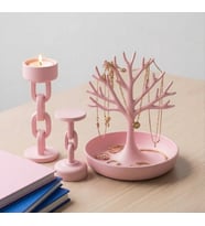 Dekoratif Ağaç Takı Standı Ve Zincir Tasarım 2'li Şamdan Seti - Modern Takı Organize Edici & Mumluk (Pembe)