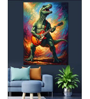 Gitar Çalan Renkli Dinozor T-Rex Dekoratif Kanvas - Mdf Ahşap Tablo