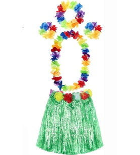 Yetişkin ve Çocuk Uyumlu Luau Aloha Hawaii Yeşil Etek ve Renkli Kolye Taç 2 Adet Bileklik Seti