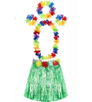 Yetişkin ve Çocuk Uyumlu Luau Aloha Hawaii Yeşil Etek ve Renkli Kolye Taç 2 Adet Bileklik Seti