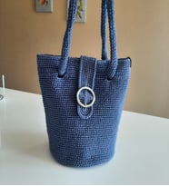 Mi-Knitting, Elişi Kadın Çantası, Makrome İp Çanta, Saks Mavi Çanta