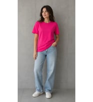 Basic Pamuklu Tişört Bisiklet Yaka Düz Renk Relaxed Fit T-Shirt - Fuşya