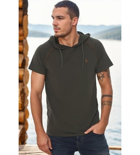 T8570 DEWBERRY KAPŞONLU ERKEK T-SHIRT-KOYU HAKİ