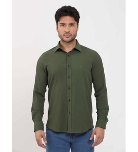 Haki Erkek Slim Fit Gofre Desenli Brent Yaka Uzun Kol Gömlek