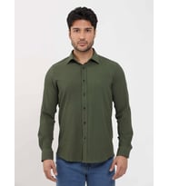 Haki Erkek Slim Fit Gofre Desenli Brent Yaka Uzun Kol Gömlek