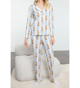 Tarz Rahat Uzun Kollu Boru Paça %100 Pamuklu Çizgili Tavşan Desenli Örme Pijama Takımı (Çok Renkli)