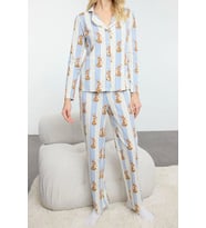 Tarz Rahat Uzun Kollu Boru Paça %100 Pamuklu Çizgili Tavşan Desenli Örme Pijama Takımı (Çok Renkli)
