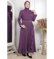 Fırfırlı Taş İşleme Detaylı Elbise Lila FHM874