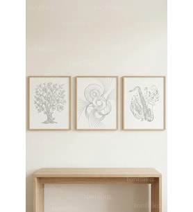 Minimal Line Art Harmony 3’lü Ahşap Çerçeveli Tablo Seti