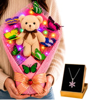 Renkli LED Işıklı Peluş Ayıcık Buketi ve Pembe Ametist Taşlı Lotus Kolye Sevgiliye Kadına Hediye Seti