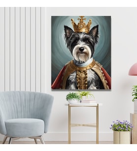 Tekli Dikey Kanvas Duvar Tablosu Kral Kostümlü Siyah Beyaz Terrier Köpek