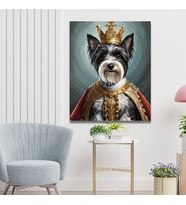 Tekli Dikey Kanvas Duvar Tablosu Kral Kostümlü Siyah Beyaz Terrier Köpek