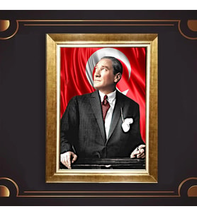 Altın Varaklı Çerçeveli Paspartulu Atatürk Tablo nl02A408 (Gold)