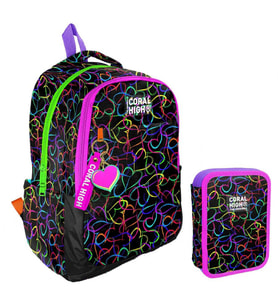 Coral High Kalp Baskılı Siyah Pembe Kız Çocuk Okul Çantası ve Organizer Kalemlik Seti 23670+11145