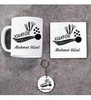 Kuaför Kupa Bardak Altlık ve Anahtarlık Hediye Seti (Model 1)