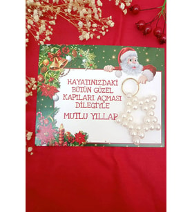 10 Adet İnci Yıldız Yılbaşı Hediyesi Anahtarlık - Noel Baba Kartlı - Kuşe Canlı 