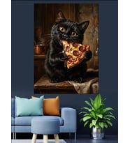 Pizza Yiyen Siyah Kedi Dekoratif Kanvas - Mdf Ahşap Tablo