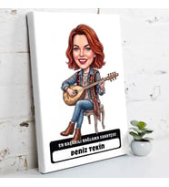Bağlama Sanatçısına Hediye Kadın Karikatürlü Kanvas Tablo