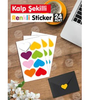 Yapışkanlı Kalp Şekilli Renkli Sticker Etiket Hediye Paketleme Parti Hediyeleri 24 adet 3,5x2,5 cm-T951