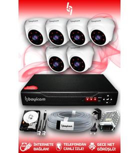 BAYICAM 6 Kameralı Dome 6 İç Kamera Set 1 TB HDD Full HD Gece Görüşlü Güvenlik Kamerası Sistemi